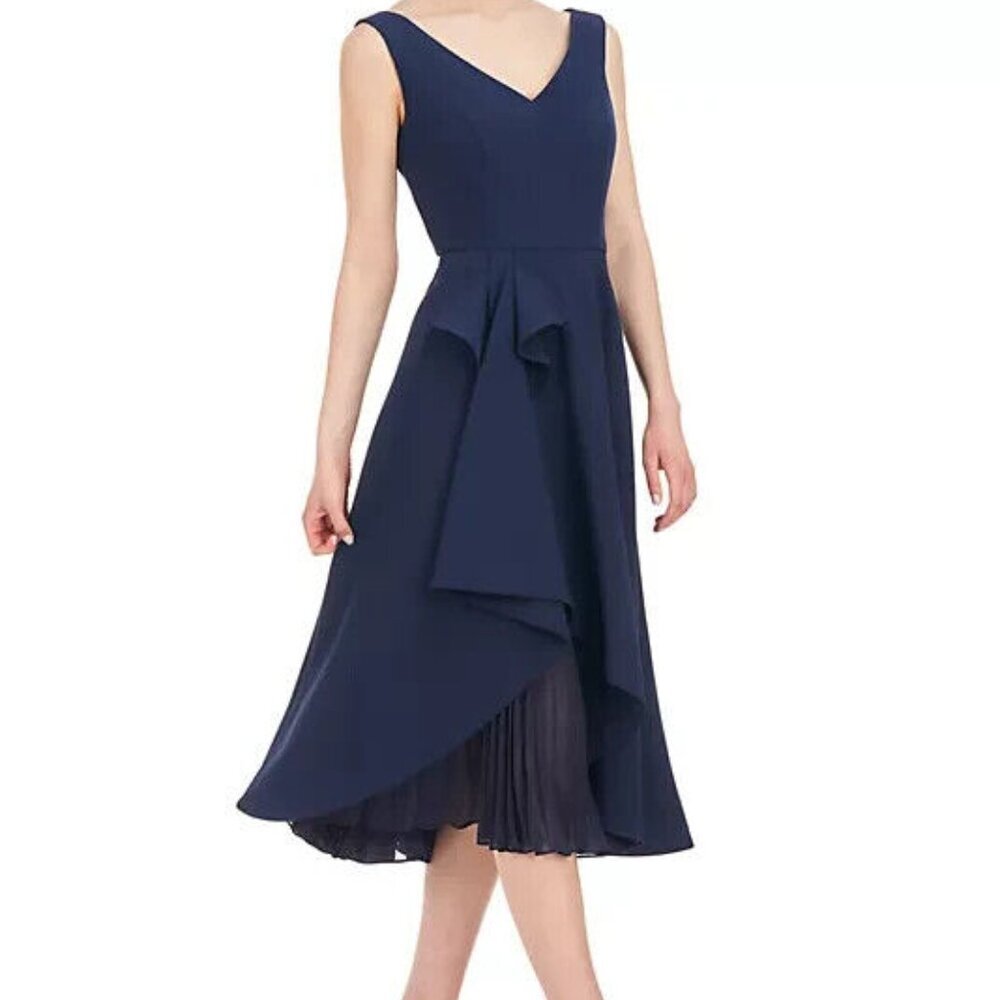 Kay Unger Midnight Blue Begonia Crepe & Chiffon Midi A-Line Dress
